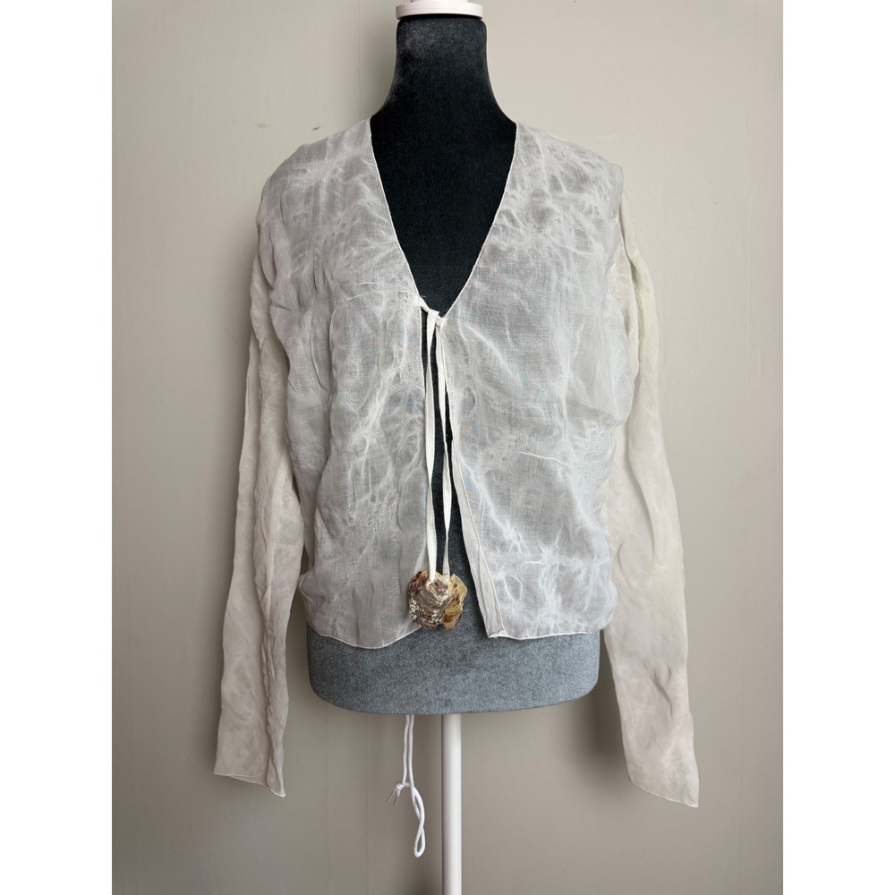 Manolo White Cotton Gauze Tie Front Cardigan with Shell Detail coastal Beachy M
